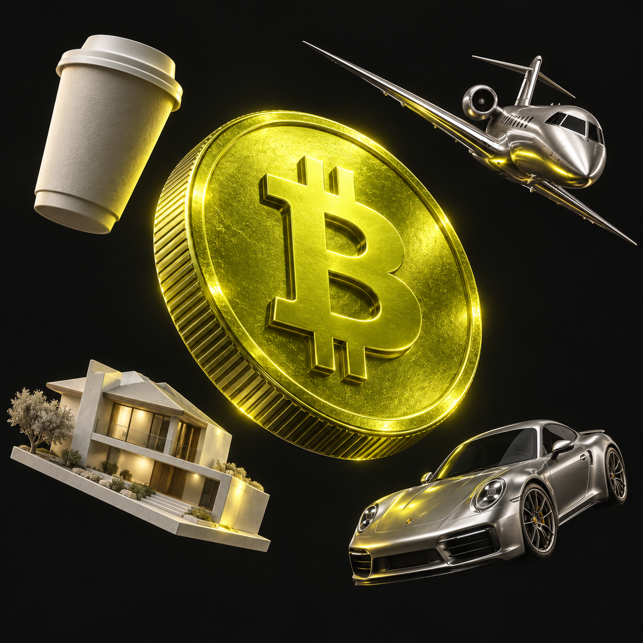 A sculptural Bitcoin coin surrounded by a coffee cup, a home, a car and an airplane